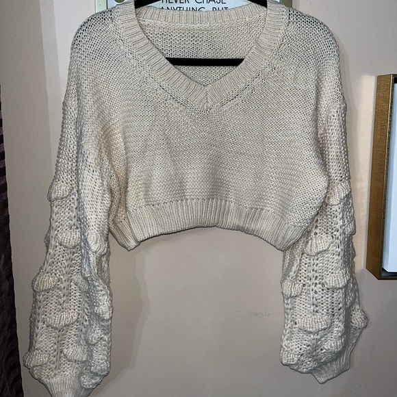Shein Pom Pom Drop Shoulder Cropped Sweater in Beige — Large - Picture 3 of 9